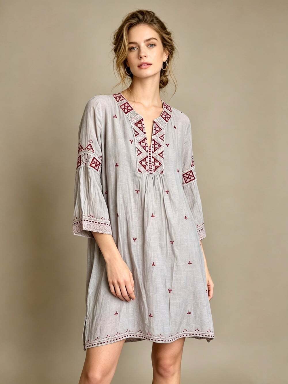NWOT Johnny Was Embroidered Gray Ava Flare Sleeve Silk Blend Dress Boho Size S